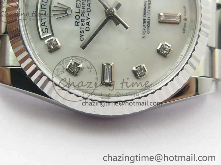 0521 Day-Date 36 SS 128239 Bp Maker Best Edition White MOP Dial Crystral Markers on President Bracelet FlexibleFit 3153